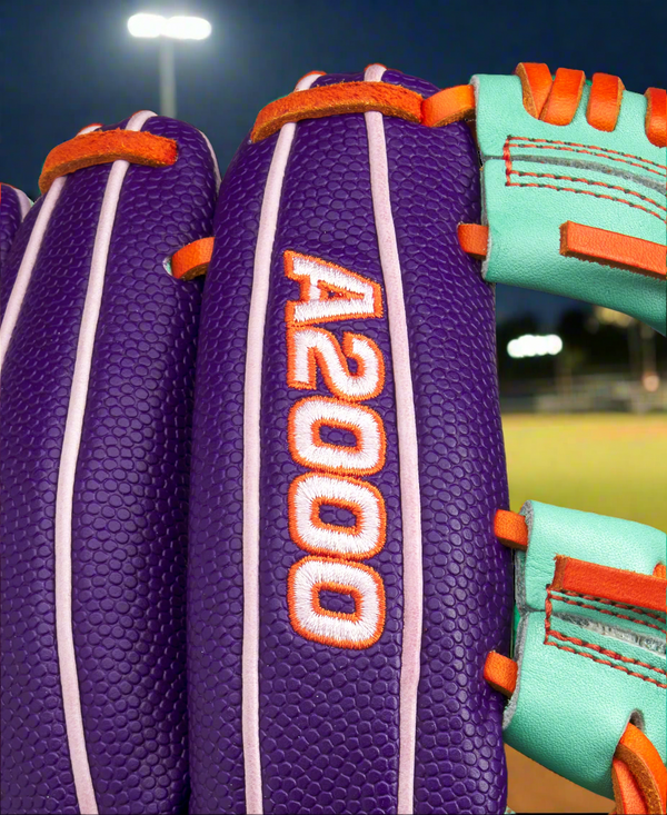 Close-up of the logo on the Wilson Custom A2000 1975SS 11.75" Baseball Glove - GOTM April 2025