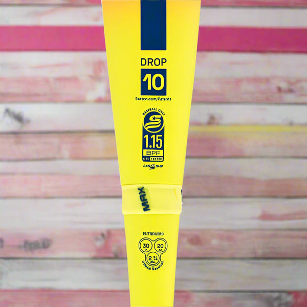 Close-up of the certification stamp on the 2026 Easton The Dub USSSA -10 Baseball Bat