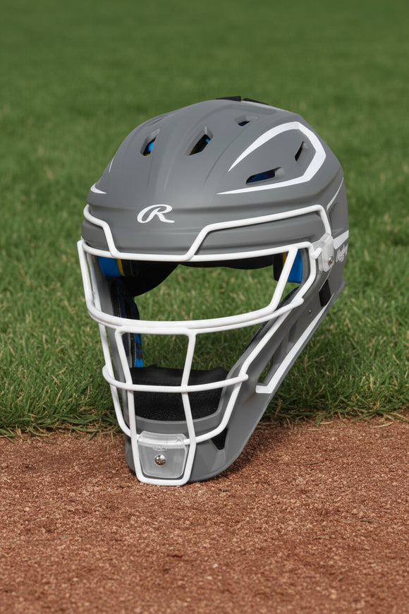 Helmet included in the Rawlings MACH™ Pro Series Intermediate Baseball Catchers Set - Graphite
