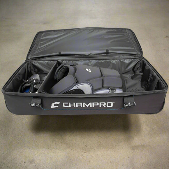 View of the inside compartments in the Champro Wheeled Umpire Bag