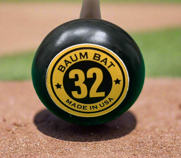 Close-up of the knob of the Baum Bat Standard Gold Stock Maple Baseball Bat
