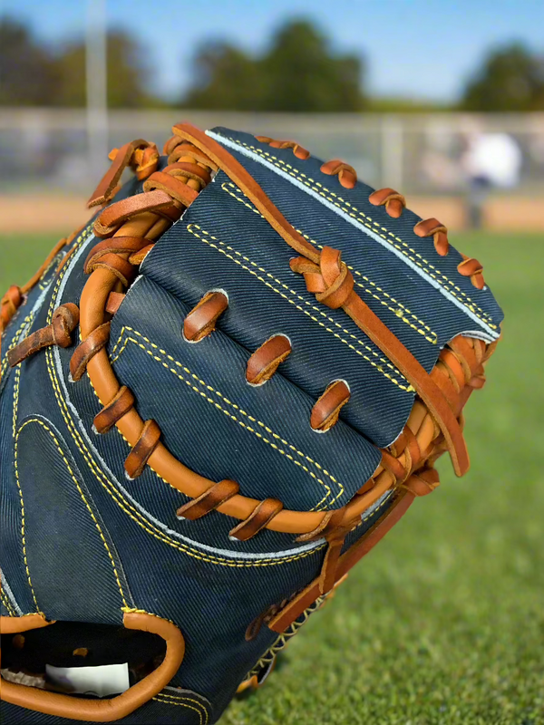 Close-up of the web on the Rawlings Pro Label Denim Heart of the Hide 34" PROCM43D Baseball Catchers Mitt