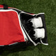 Close-up of shoe compartment on the Marucci Stockade Wheeled Duffel Bag