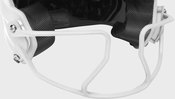 Close-up view of mask of Rawlings MACH HI-VIZ Fastpitch Batting Helmet - White