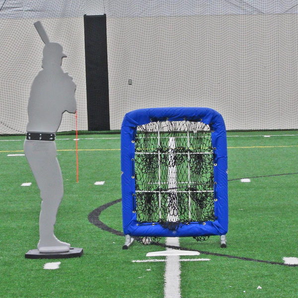 Catcher behind the Designated Hitter® Pro-Pitching Dummy & Training Aid being used with a 9-pocket pitching aid net
