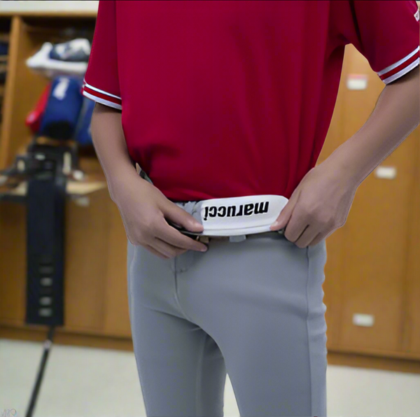 Model wearing the youth Marucci EXCEL Full Length Baseball Pant