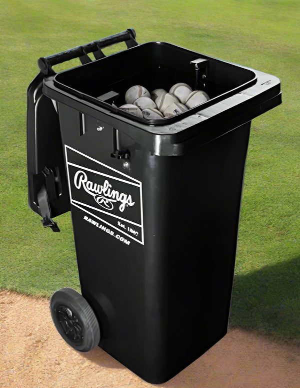 Black Rawlings baseball cart with balls inside