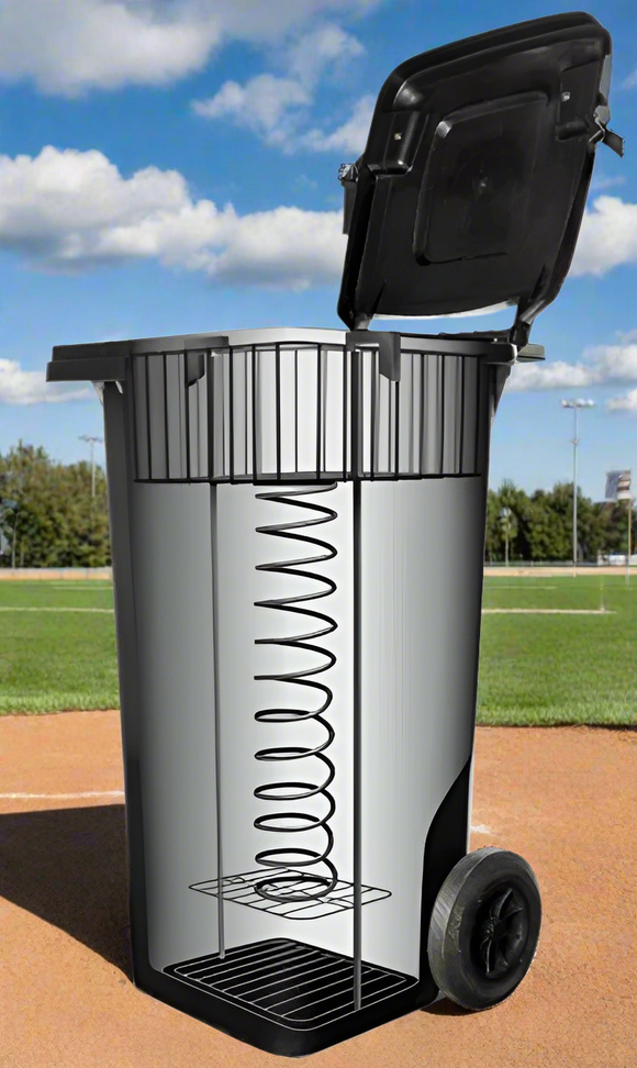 Ball-loading spring mechanism inside the Rawlings Rolling Ball Bin