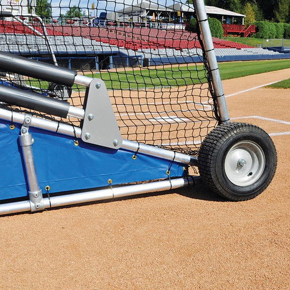 Close-up of the front tires on the Bomber Pro Rolling Batting Cage