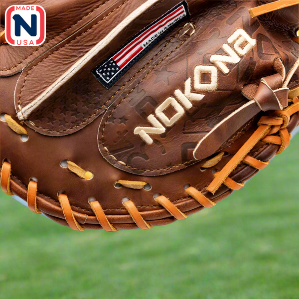 Close-up of the logo on the Nokona Walnut Edge™ Precision 33.5" Baseball Catchers Mitt