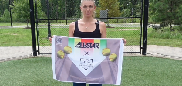 Paige Halstead displaying the fastpitch side of the All Star MVP-Pro™ Catcher Training Mat