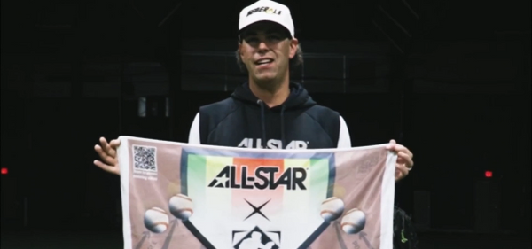 Tyler Goodro displaying the baseball side of the All Star MVP-Pro™ Catcher Training Mat
