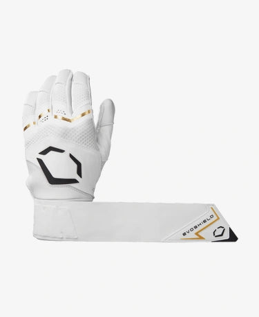 Display of wrist strap on the Evoshield Carbyne Adult Batting Glove with Strap - White