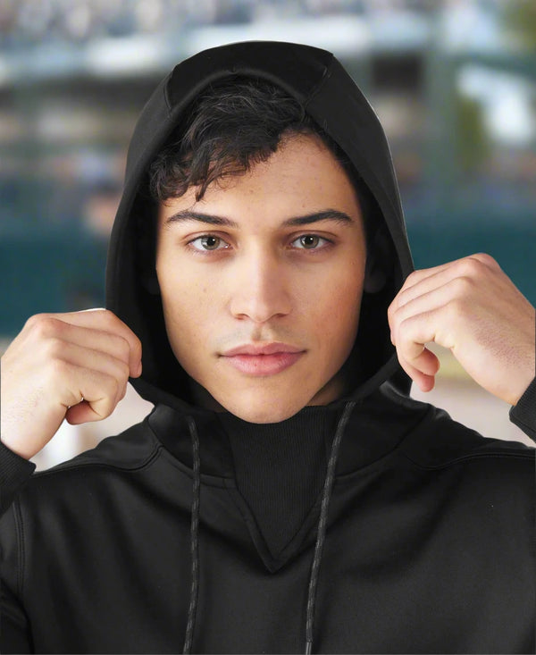 Model pulling up the hood on the Evoshield Men's 365 Fleece Hoodie
