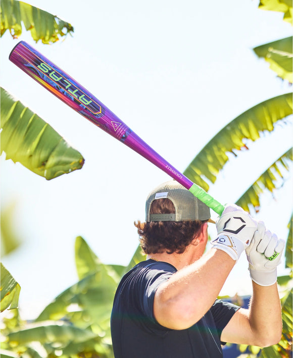 Player at bat with the 2025 Louisville Slugger Atlas™ Neon Energy -3 BBCOR Baseball Bat