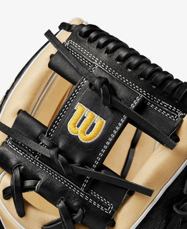 Close-up of Wilson logo on the Wilson A2K 11.5" 1786 Baseball Glove
