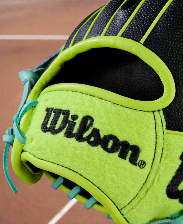 Close-up of the Wilson name on he tennis ball felt covering the wrist on the Wilson 2025 Tennis A2000® 1786SS 11.5" Baseball Glove