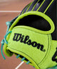 Close-up of the Wilson name on he tennis ball felt covering the wrist on the Wilson 2025 Tennis A2000® 1786SS 11.5" Baseball Glove
