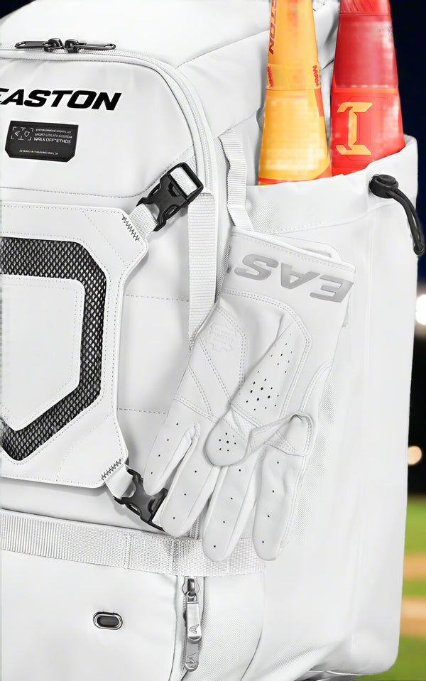 Close-up of the bat compartment and the batting glove attachment on the Easton Walk-Off® Ethos Backpack