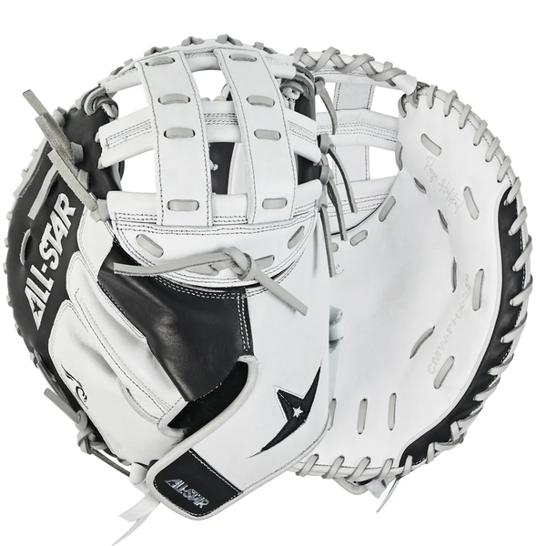 Two All Star Official Paige Halstead 34" Fastpitch Catchers Mitts, showing the outside and inside of the mitt.