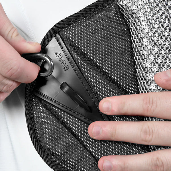 Close-up of the clasp system on the chest protector in the All Star MVP-Pro Series™ Youth Catching Kit