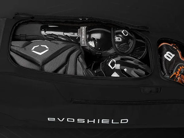 Close-up of the top compartments on the Evoshield Standout Wheeled Bag