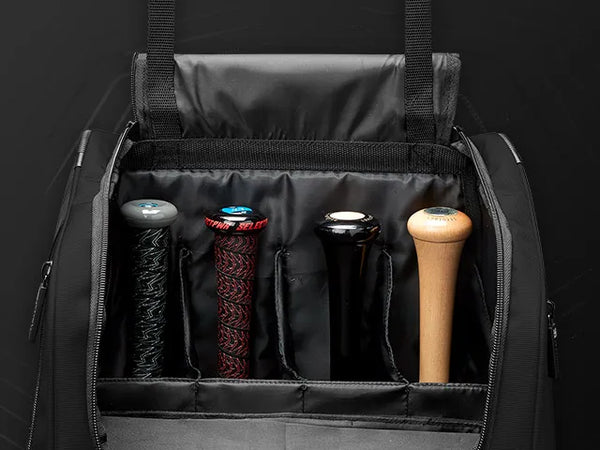 Close-up of the bat compartment on the Evoshield Standout Wheeled Bag