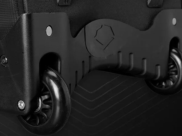 Close-up of the wheel mechanism on the Evoshield Standout Wheeled Bag