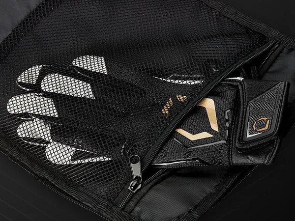Close-up of a zipper pouch on the outside of the Evoshield Standout Wheeled Bag