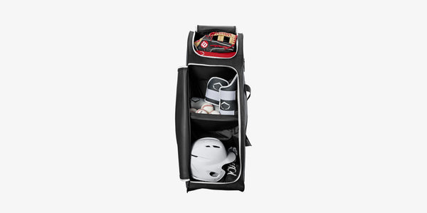 Display of top and main compartments on the Demarini Momentum 2.0 Wheeled Bag