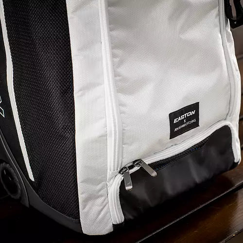 Close-up of the lower compartment on the Easton Jen Schro Catcher's Wheeled Bag