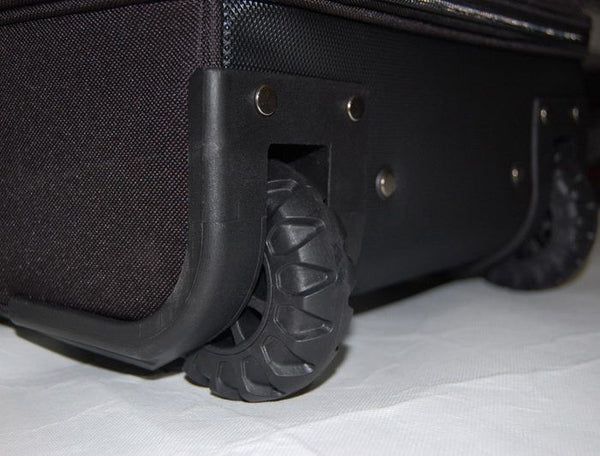 Close-up of wheel mechanism on the Force 3 Ultimate Equipment Bag with Wheels
