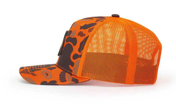 Side view of the Richardson Printed Five Panel Trucker Cap - Realtree