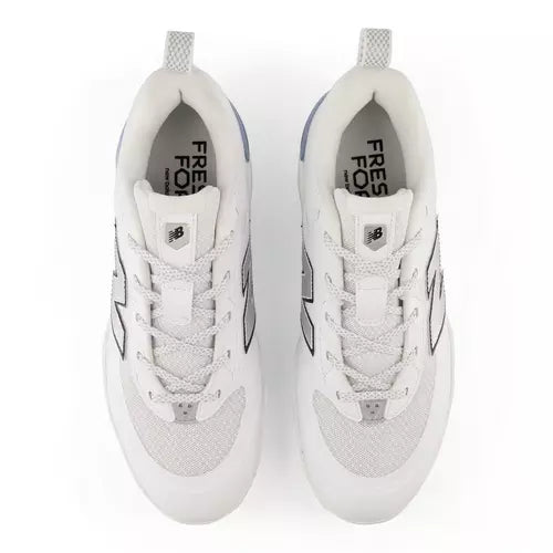 Top view of the New Balance Fresh Foam Velo v5 Metal Softball Cleat - White/Metallic Silver
