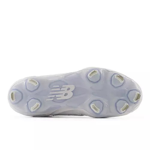 View of the sole of the New Balance Fresh Foam Velo v5 Metal Softball Cleat - White/Metallic Silver