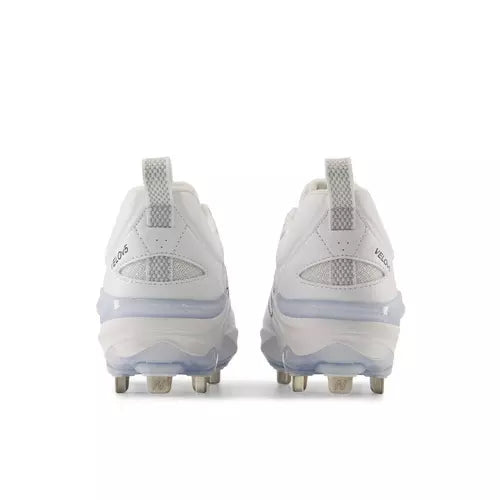 View of the back of the New Balance Fresh Foam Velo v5 Metal Softball Cleat - White/Metallic Silver