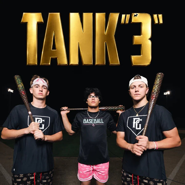 Three players posing with the 2026 Soldier Sports Tank3 Designer Alloy BBCOR -3 Baseball Bats