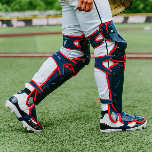 Close-up of a player's leg guards from the All Star MVP-Pro Series™ Adult Team Color Catching Kit