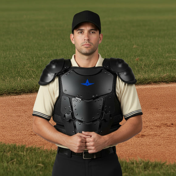 Umpire wearing the All Star Cobalt™ Hard Shell Umpire Chest Protector