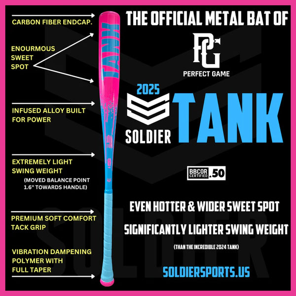 Chart showing the features of the 2025 Soldier Sports Tank SSBB25TANK BBCOR Baseball Bat