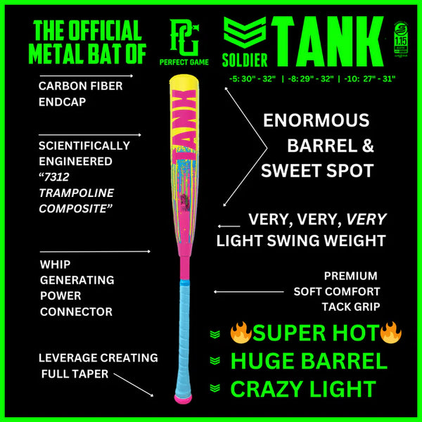 Chart showing the features of the 2025 Soldier Sports Tank SSUT25TANK USSSA Baseball Bat