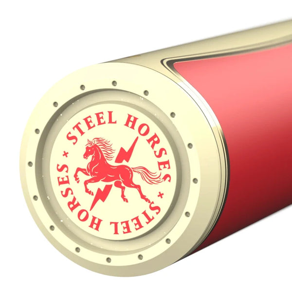 Close-up of the end cap on the 2027 Combat MFG Spec A1 Steel Horses Red Rider -3 BBCOR Baseball Bat
