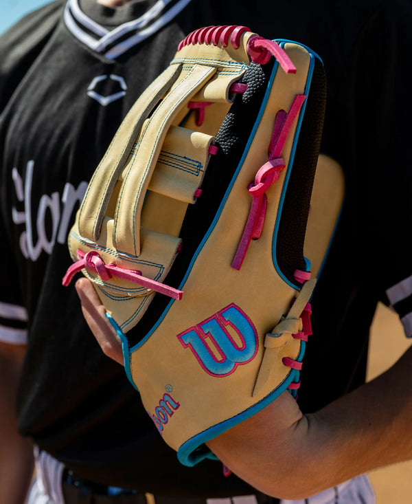 Close-up of a player ready for action while wearing the Wilson 2027 A2K® 1777 12.75" Baseball Glove