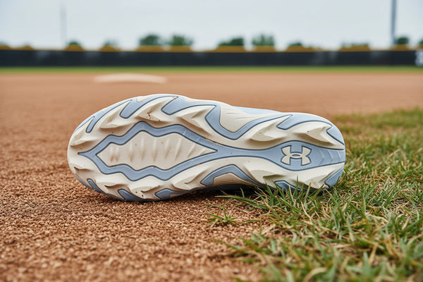 View of the sole on the Under Armour Girls Glyde Sola RM Jr. Fastpitch Molded Cleat - Columbia