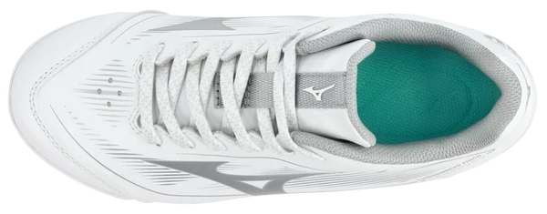 Top view of the Mizuno CushionRevo Finch Jr. Youth Fastpitch Molded Cleat - White/Silver