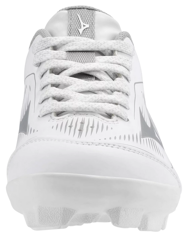 Front view of the Mizuno CushionRevo Finch Jr. Youth Fastpitch Molded Cleat - White/Silver