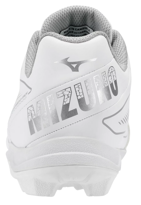 Rear view of the Mizuno CushionRevo Finch Jr. Youth Fastpitch Molded Cleat - White/Silver