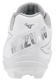 Rear view of the Mizuno CushionRevo Finch Jr. Youth Fastpitch Molded Cleat - White/Silver