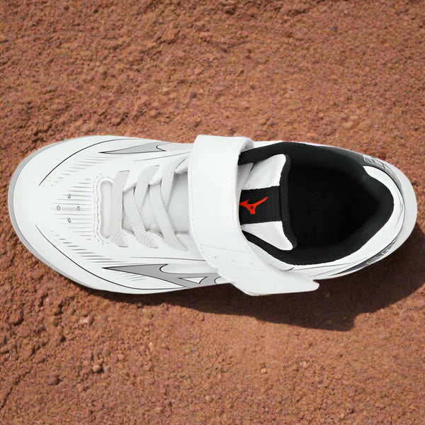 Top view of the Mizuno Cushionrevo Diamond Youth Molded Baseball Cleat - White/Black