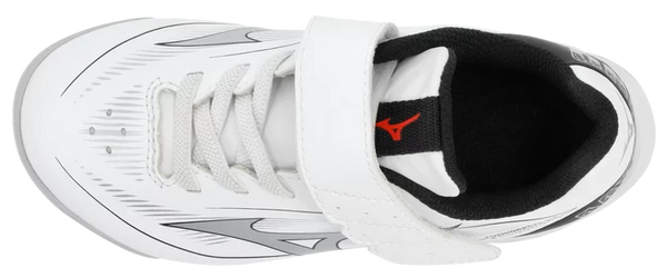 Top view of the Mizuno CushionRevo Diamond Youth Baseball Molded Cleat - White/Black